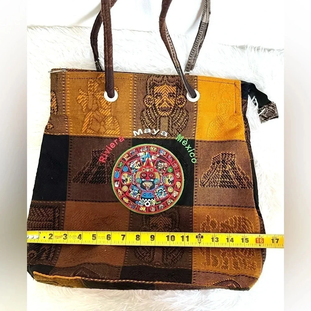 Tote Handbag Aztec Calendar Embroidered Zip Close Handmade